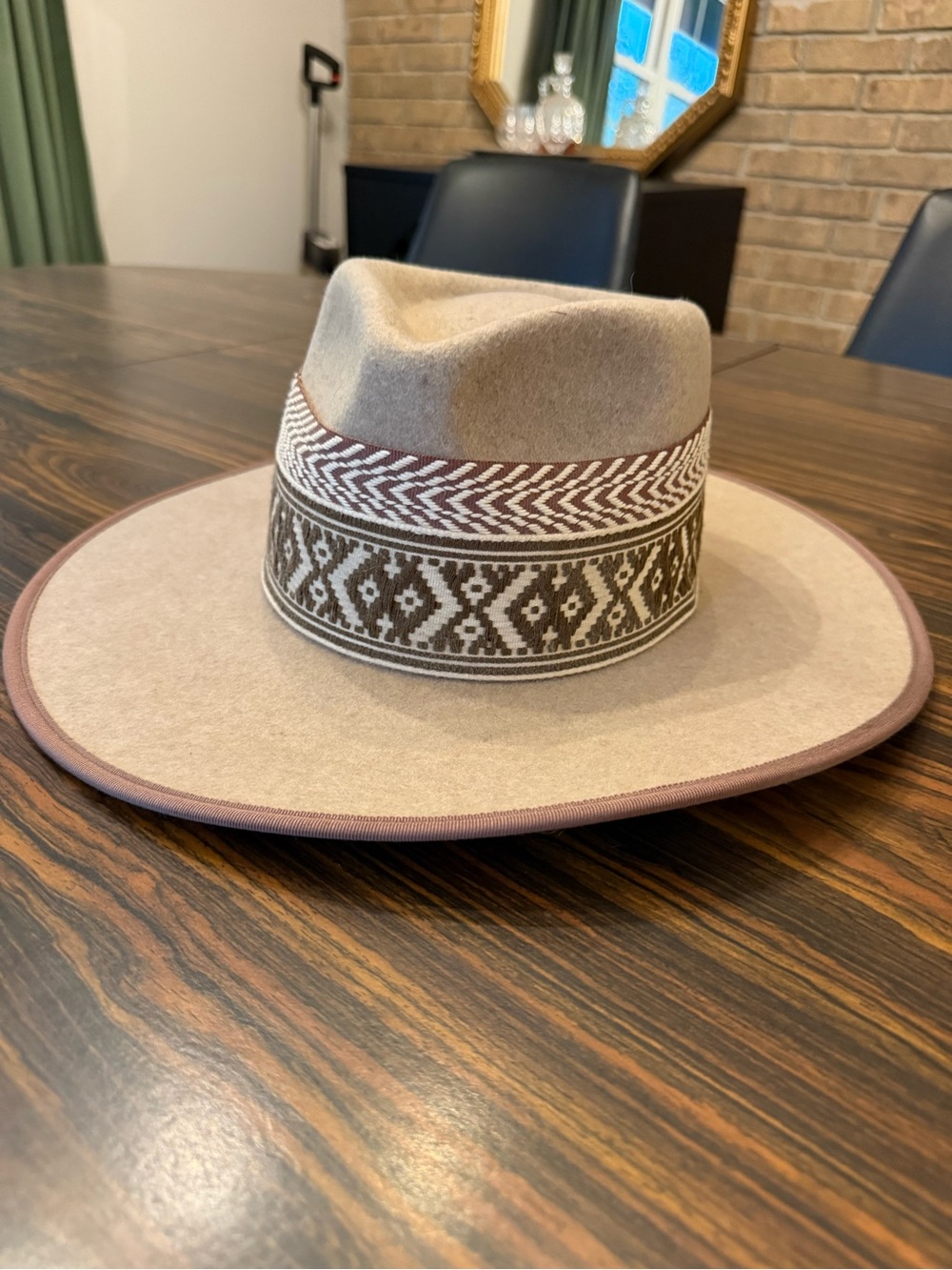 Luna Bloom Tan Wool Felt Wide-Brim Hand Painted Fedora